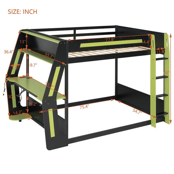 English Elm Full-size Gaming Loft Bed with Integrated Rgb Desk Usb Ports and Esports Frame Green LT000239AAG