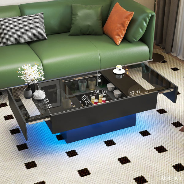 English Elm Coffee Table with Sliding Top and Hidden Storage, Extendable 57" Surface for Living Room Hosting Black W331P270515