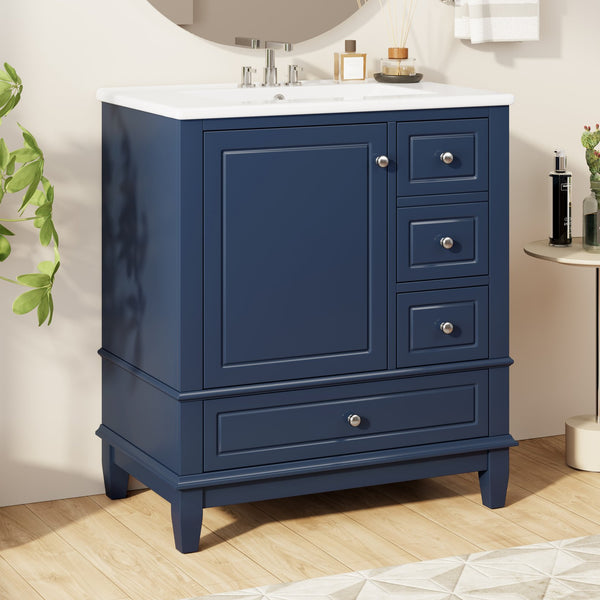 English Elm Christopher Knight Home® - 30" Freestanding Bathroom Vanity with Ceramic Sink, Soft-Close Door, Gold Knobs & 3 Drawers, Durable Painted Finish Blue N759P225994C
