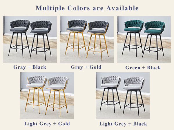 English Elm Four-piece 360° Swivel Bar Stool Set with Soft Cotton-Linen Seats, Gold Legs, Anti-Slip Foot Rings and Rounded Armrests W2920S00057