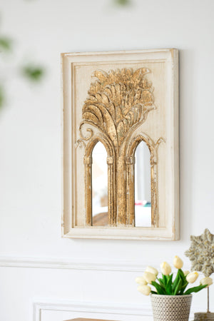 English Elm 20.1x2x29.9" Mid-Century Wall Mirror Set with Washed White & Gold Leaf Accents for Entryway Elegance W2078P318403