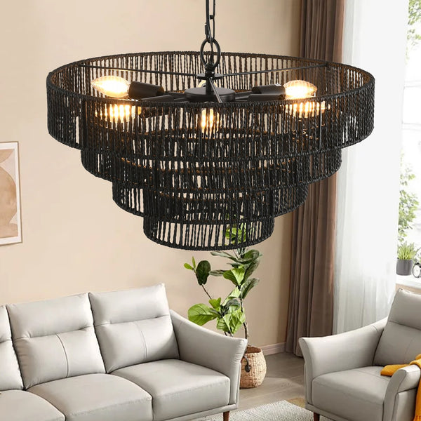 English Elm 20" Rustic 4-Tier Black Hemp Rope Chandelier – Handmade Boho Pendant Light, 6 E12 Sockets, Adjustable Height W1340P241298