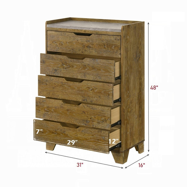 English Elm Transitional Solid Rubberwood Five Drawer Chest Warm Aspen Brown Bedroom Storage B2741P411516
