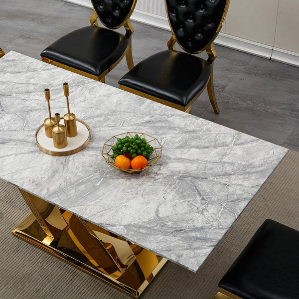 English Elm Marble Dining Table For 6, 70'' Rectangular Faux Marble With Mirrored Stainless Steel Base, Modern Elegance W3456S00026