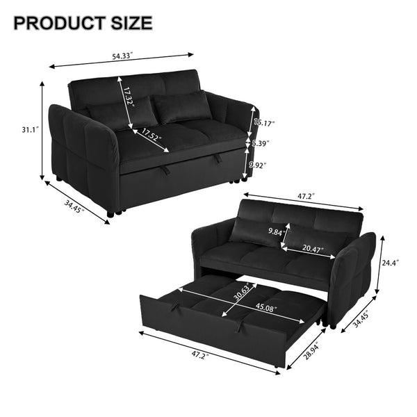 English Elm 3-in-1 Convertible Pull Out Sofa Bed Velvet Upholstered Recliner for Small Spaces Black W2941P370580