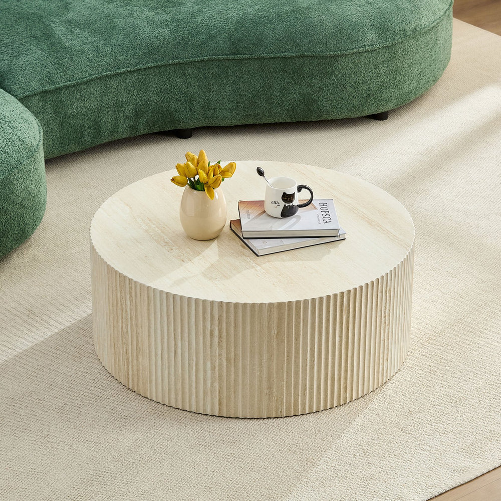 English Elm Faux Round Faux Travertine Coffee Table 35.4" Diameter with Handcrafted Relief Design, No Assembly Needed W876P362386