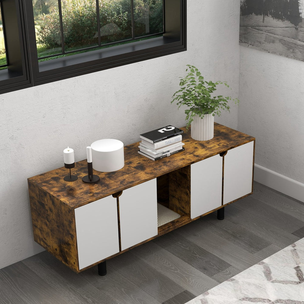 English Elm PawHut Multifunctional Hidden Litter Box TV Stand for Two Cats with Double Doors, Sand Pad, Vents Rustic Brown W2225P217295