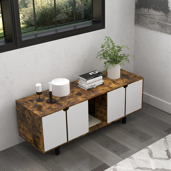 English Elm PawHut Multifunctional Hidden Litter Box TV Stand for Two Cats with Double Doors, Sand Pad, Vents Rustic Brown W2225P217295