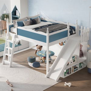 English Elm Queen Solid Pine Loft Bed with Wardrobe Shelves Detachable Slide and Dual Sleeping Zones Blue,Off White W5305S00029