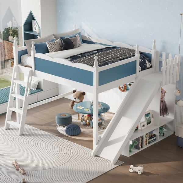 English Elm Queen Solid Pine Loft Bed with Wardrobe Shelves Detachable Slide and Dual Sleeping Zones Blue,Off White W5305S00029