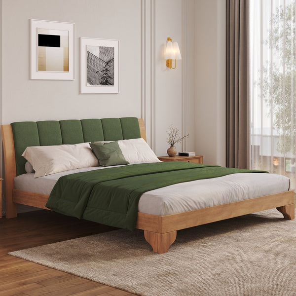 English Elm Christopher Knight Home® - Premium Pine Wood King Bed Frame With Upholstered Headboard - Mid-Century Modern Style In Green N770P345989N_N770P345990N