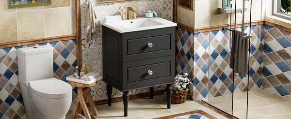 English Elm 24'' French-Style Bathroom Vanity with Ceramic Sink, Black Long Legs, 2 Drawers, Moisture-Resistant Elegance N710P195621B