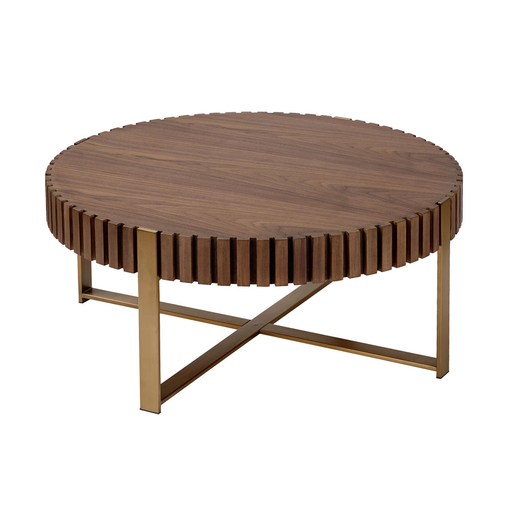 English Elm Modern Handcraft Drum Coffee Table 31.5" Round Sturdy Pedestal Accent Table for Living Room Decor Walnut W2582P167673