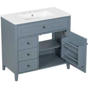 English Elm 36-Inch Blue Gray Modern Bathroom Vanity With Durable Rubberwood Cabinet, Sink & 3 Drawers For Storage N725P350821E