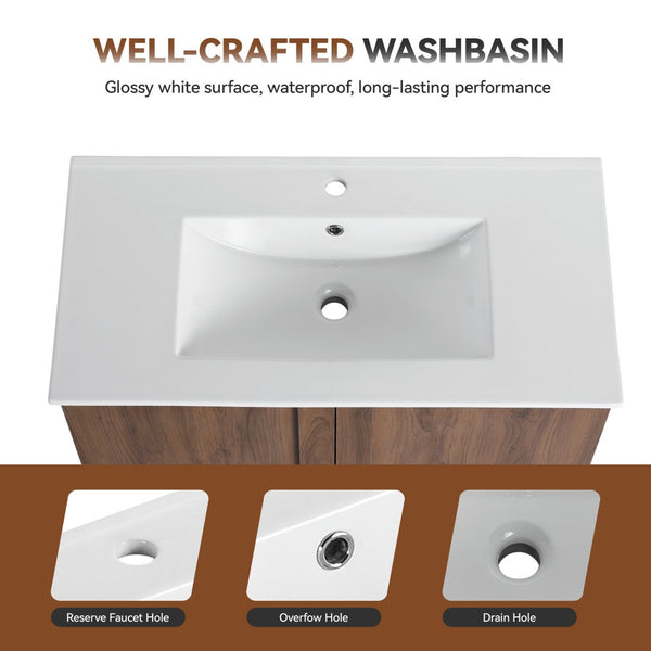 English Elm 36" Floating Bathroom Vanity Light Oak Modular Cabinet with Gel Coat Integrated Sink Brown Ebony,Glossy White W3450S00066