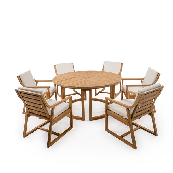 English Elm Trexm Outdoor Acacia Wood Round Dining Set Seats Six with Cushioned Chairs and Umbrella Hole Light Teak TM000027AAD