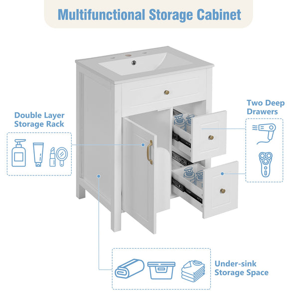 English Elm 24-Inch Bathroom Vanity with Ceramic Sink, Soft-Close Door & Drawers, Gold Handles, Durable Wood Elegance White N729P192078K