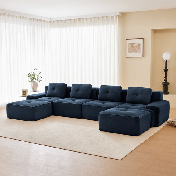 English Elm 153" Modern U-Shaped Modular Sectional Sofa With Movable Ottomans, Deep Seats & Elegant Design, Blue W714S01500