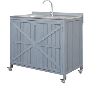 English Elm K&k Outdoor Prep Station Stainless Steel Top Fir Wood Cabinet with Drawer and Wheels N707P370281G