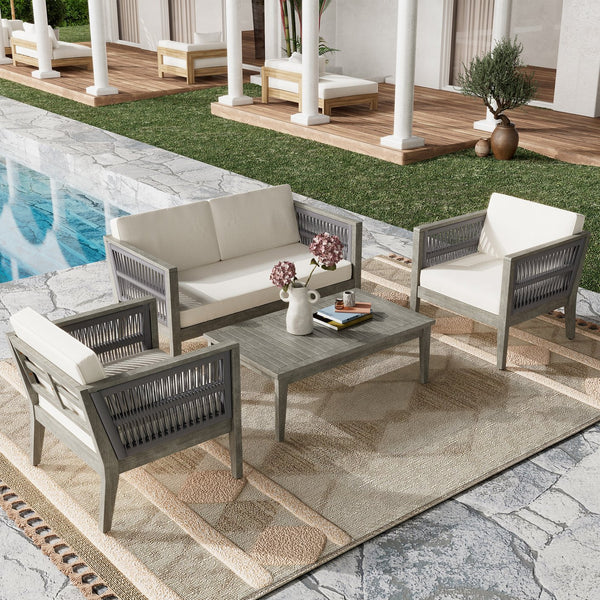 English Elm Christopher Knight Home® - 4-Pieces Acacia Wood Patio Furniture Set with Grey Rope & Beige Cushions, Weatherproof Deep Seating Set N780P171148F