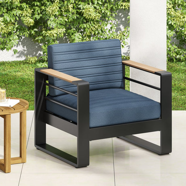 English Elm Christopher Knight Home® - GIOVANNA Club Chair with Rust-Resistant Aluminum Frame, Water-Resistant Cushions & Slat Design for Patio Comfort Blue 34.75 L x 27.75 W x 17.25 H N776P182183B