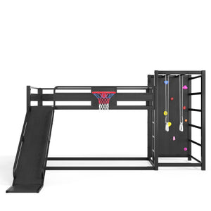 English Elm Twin Xl Metal Loft Bed with Climbing Wall Slide Basketball Hoop and Bookshelves W1580S00588