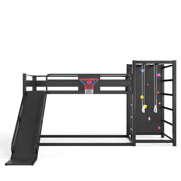 English Elm Twin Xl Metal Loft Bed with Climbing Wall Slide Basketball Hoop and Bookshelves W1580S00588