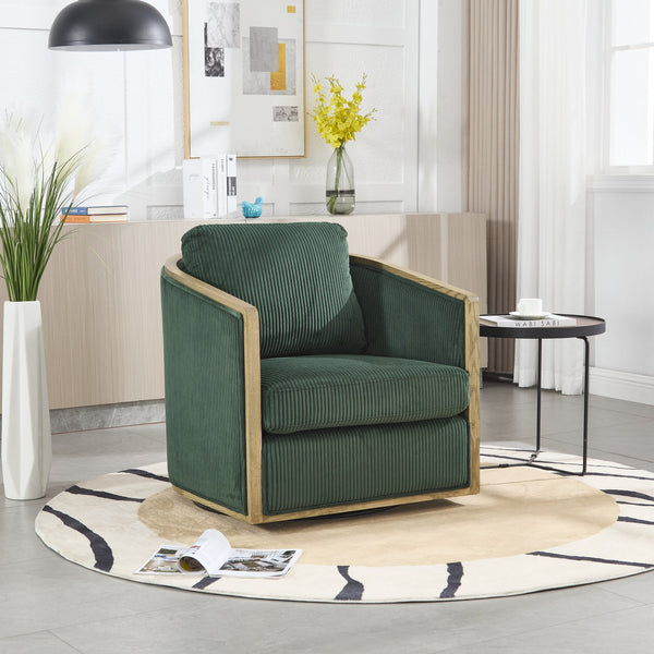 English Elm Corduroy Swivel Barrel Chair with Sturdy Wood Frame & Metal 360° Base, Plush Corduroy Comfort Pop Emerald W395P220271