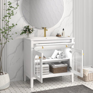 English Elm 35.6" Freestanding Bathroom Vanity with Roman Column Base and Ceramic Integrated Sink White W1801S00001