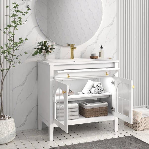 English Elm 35.6" Freestanding Bathroom Vanity with Roman Column Base and Ceramic Integrated Sink White W1801S00001