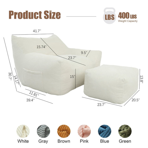 English Elm Bean Bag Chair with Armrests Shredded Foam Fill Oversized Lounge Seat for Adults White W5385P440001