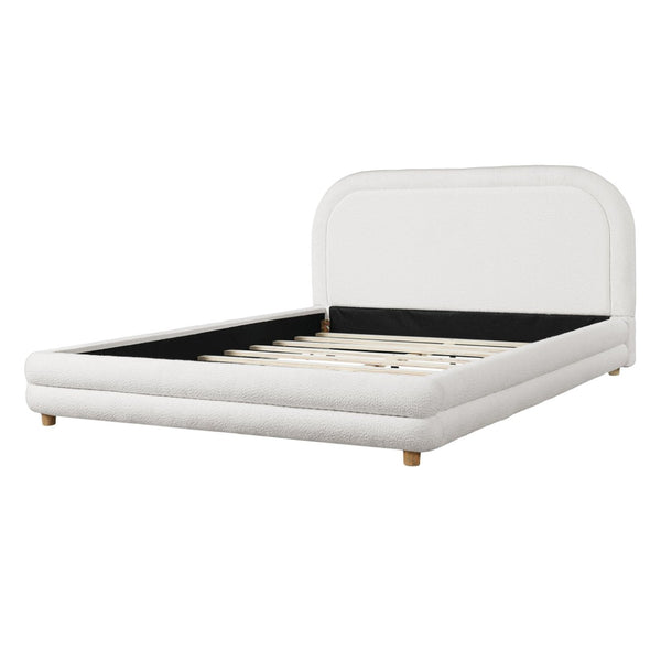 English Elm Queen Boucle Upholstered Bed Sculpted Arch Headboard Solid Wood Legs Boutique Style N757Q380929W