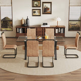 Modern Tempered Glass Dining Table with Black Metal Legs, MDF Crossbars & 6 Cushioned Seats