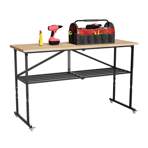 English Elm SmartFold Heavy-Duty Butcher-Block Workbench 2000LB Capacity Wood Top Portable Table w/ Locking Casters, Adjustable Height & Quick-Collapse Steel Frame W1422P325006
