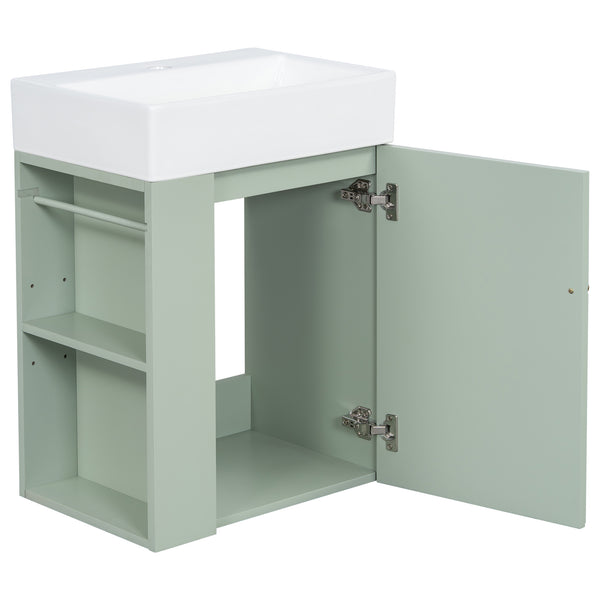 English Elm 20 Modern Wall-Mounted Bathroom Vanity with Ceramic Sink, Diamond Door, Gold Handles & Shelves — Compact Green N725P314033F