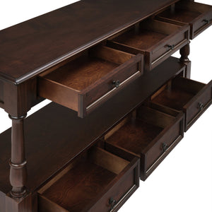 English Elm Solid Wood Console Table 54" 6-Drawer Vintage Style with Lower Shelf, Sturdy Pine Build, 220LB Top Capacity Espresso W1202P303773