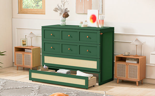 English Elm Full Size Murphy Wall Bed Cabinet with Rattan Panel Detailing and Storage Drawers Green N708P336203F