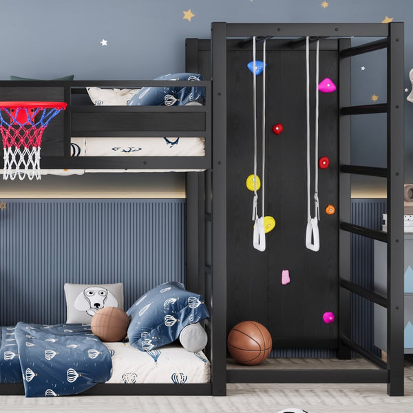 English Elm Twin Xl Metal Loft Bed with Climbing Wall Slide Basketball Hoop and Bookshelves W1580S00588