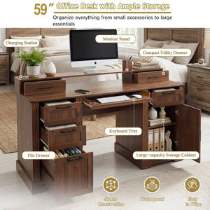 English Elm 59" Fluted Oak L-shaped Corner Desk with Charging Station Monitor Stand and File Storage Dark Walnut W2917S00007