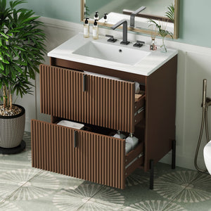 English Elm Christopher Knight Home® - 30" Elegant Freestanding Bathroom Vanity With Glossy Ceramic Sink, Soft-Close Drawers & Fluted Design N817P288931D