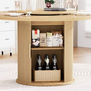 English Elm 55-inch Round Wood Dining Table Seats Six with Turntable Tray and Tiered Storage W1162P357242
