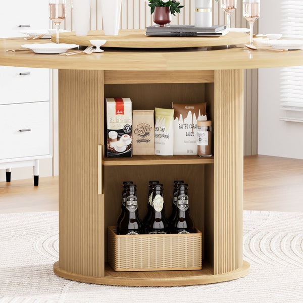 English Elm 55-inch Round Wood Dining Table Seats Six with Turntable Tray and Tiered Storage W1162P357242