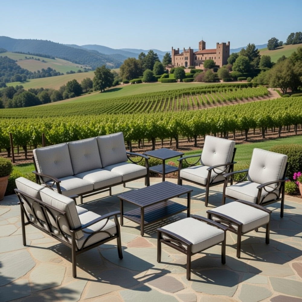 English Elm 8-piece Outdoor Conversation Set 9 Seat Steel Patio Sofa with Thick Cushions Tables Grey+Black B082S00130