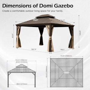 English Elm 13x15ft Hardtop Gazebo Galvanized Steel Double Roof Ventilated Patio Shelter with Netting Brown W1859S00206