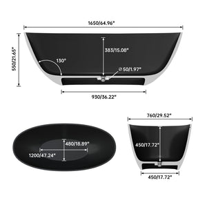 English Elm 65" Freestanding Soaking Bathtub Matte Black Stone Resin with Integrated Acrylic Shelf T3785P490210