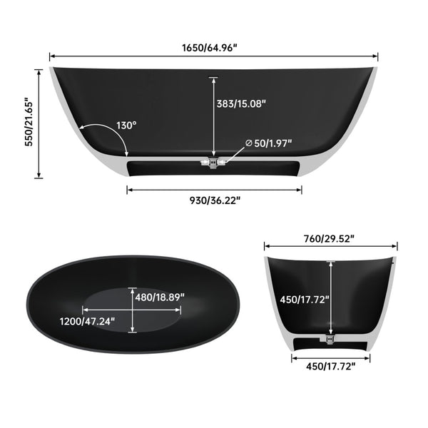 English Elm 65" Freestanding Soaking Bathtub Matte Black Stone Resin with Integrated Acrylic Shelf T3785P490210