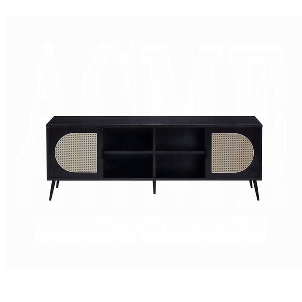 English Elm Black TV Stand Rattan Accent with Metal Legs, 4 Shelves & 2 Doors for Sleek Storage and Display (98) B062P209413