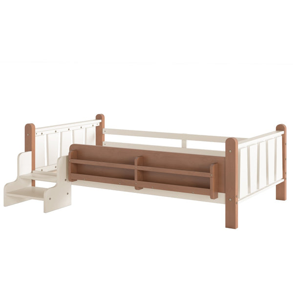 English Elm Twin Pine Floor Bed for Kids with Side Bookcases Built-in Stairs and Safety Guardrails Beige W1580P390214