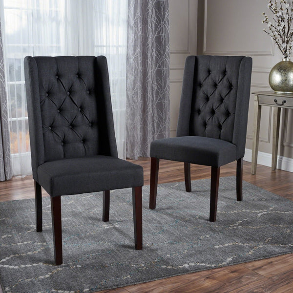 English Elm Dining Chair Set of Two Wingback Button Tufted High Back Birch Leg Upholstered Charcoal 61539.00DCL
