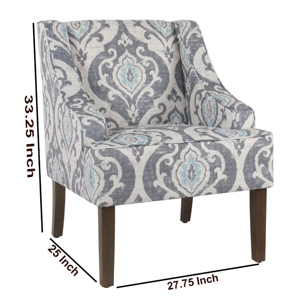 English Elm Fabric Upholstered Accent Chair with Damask Print Swooping Arms and Tapered Wood Legs B056P417119